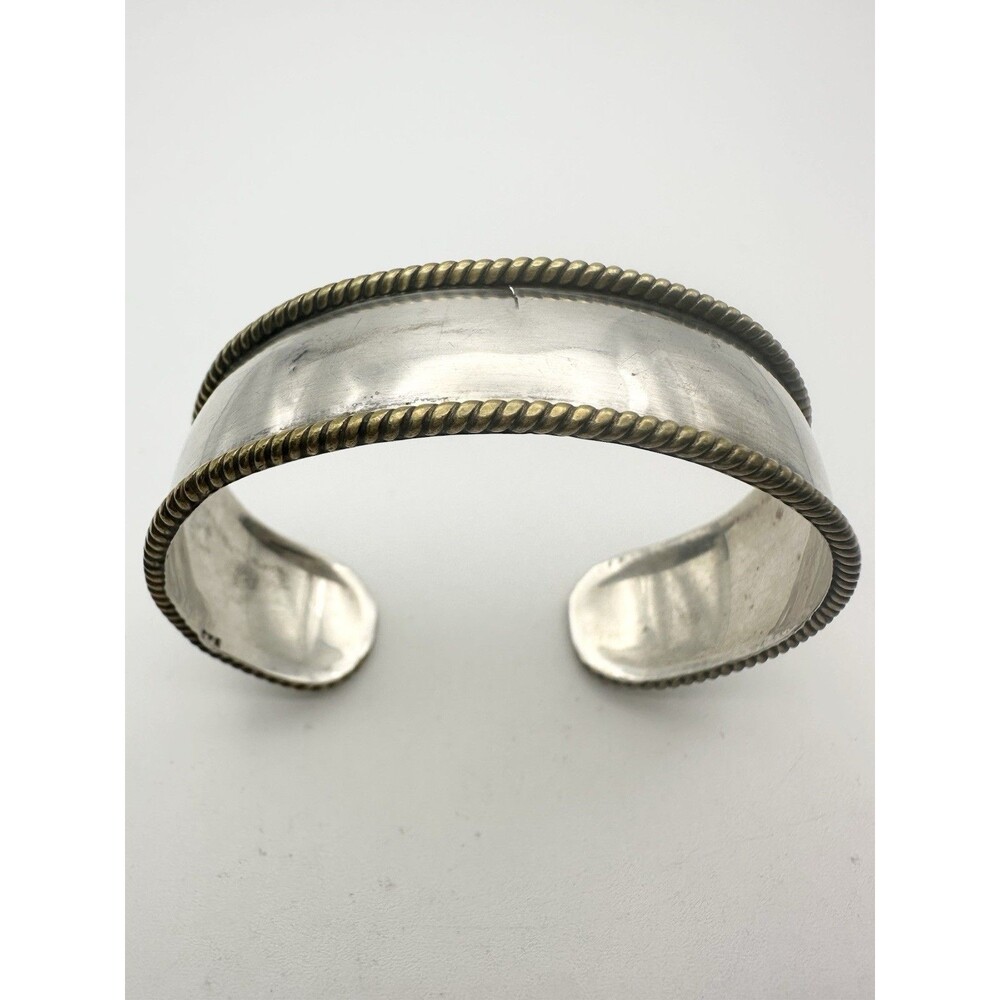 Sterling Silver Cuff Bracelet with Brass Twisted Wire Edge READ